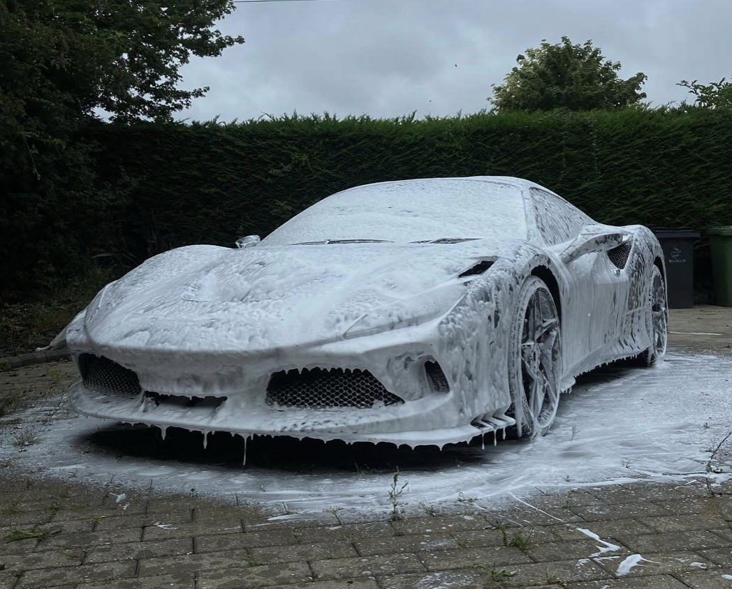Ferrari F8 Tributo snow foam pre-wash by Fred's Car Spa